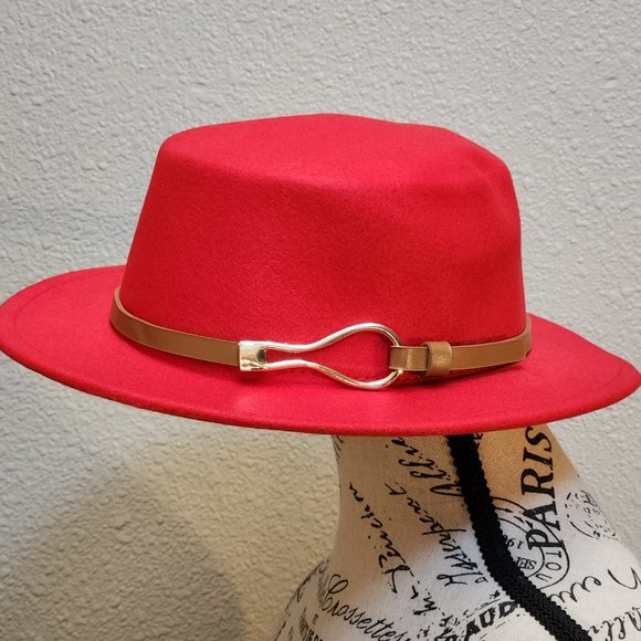 Womens Vintage Red Felt Fedora Buckle Decor Vintage  - NEW - Picture 5 of 6